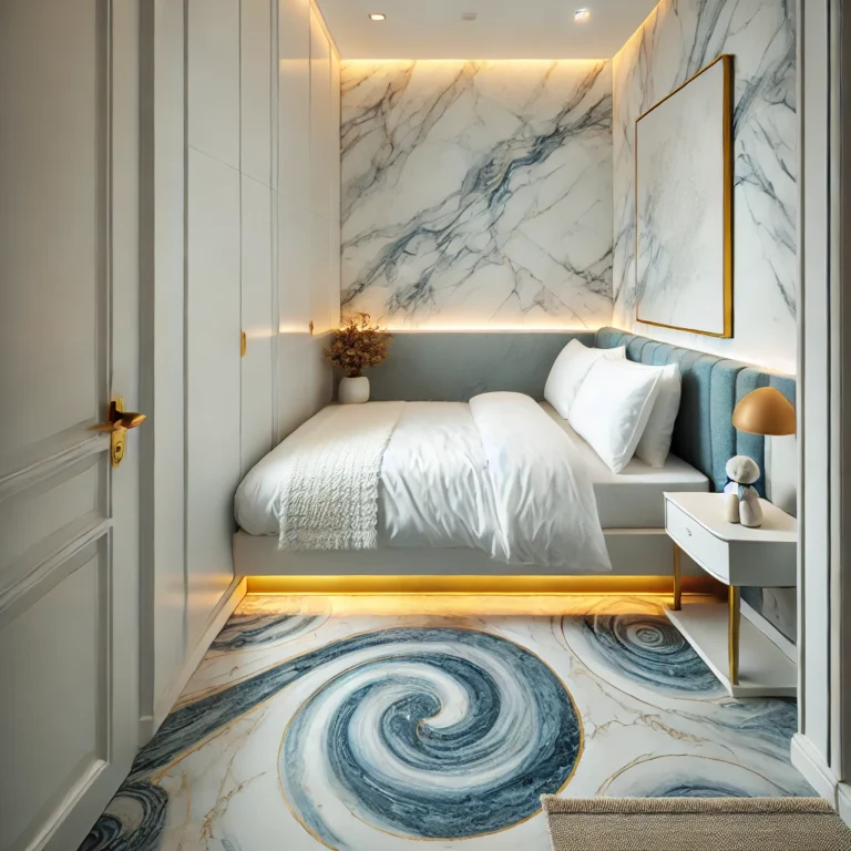 A compact bedroom with a white marble floor featuring swirling blue and gold inlays, a single bed with white linens, and a small rug.