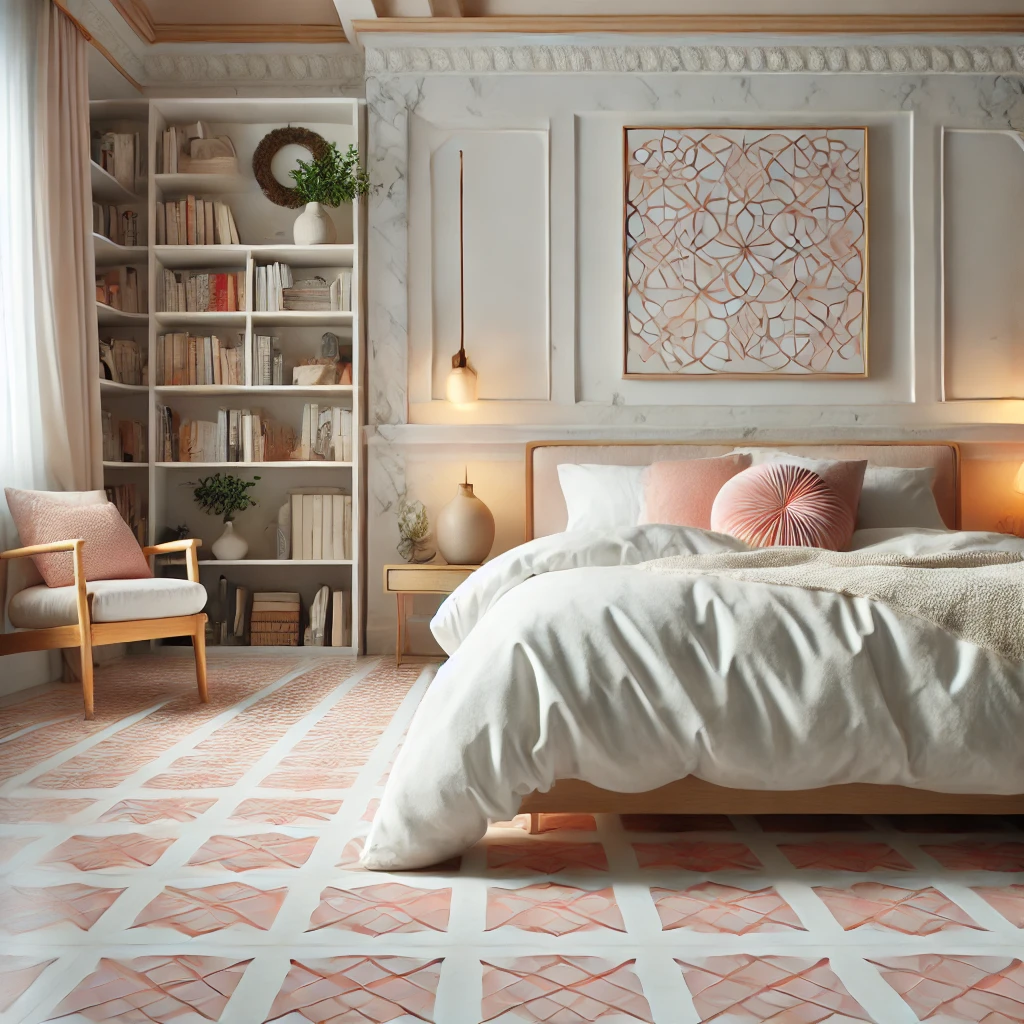 A cozy bedroom with a white marble floor featuring pastel pink lattice inlays. The room has soft white bedding on a comfortable bed, and a wooden book shwlf.