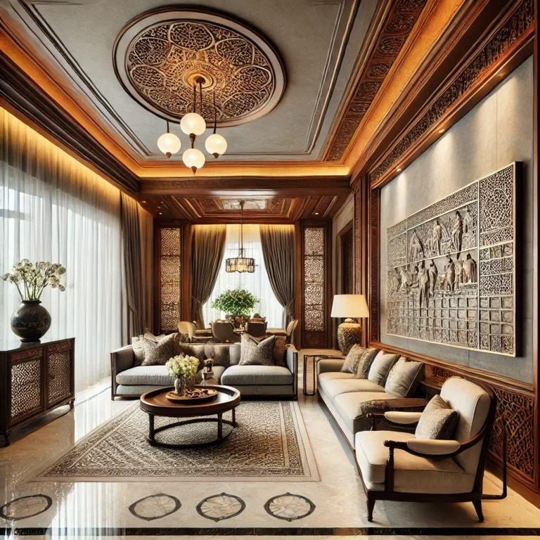 A luxurious living room in Hyderabad showcasing a blend of traditional and modern interior design. The room features elegant wooden carvings and intricate marble inlay flooring