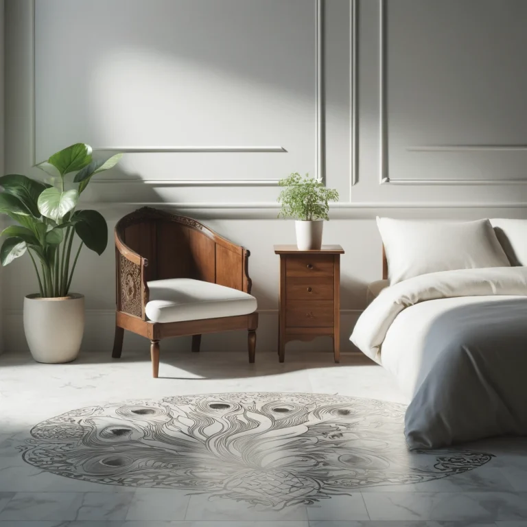 A minimalist bedroom with a carved wooden chair, a white marble floor with peacock feather inlays, and a single potted plant.