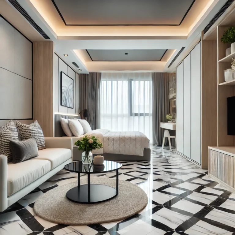 A studio apartment with a small rug under a glass coffee table, a white marble floor with black geometric inlays, and a sofa separating the living and sleeping zones.