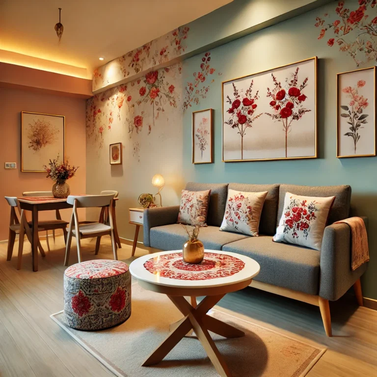 A cozy living room in a 1BHK apartment with a grey sofa bed, a white marble inlay coffee table with red floral patterns, and a foldable wooden dining table against a pastel wall.