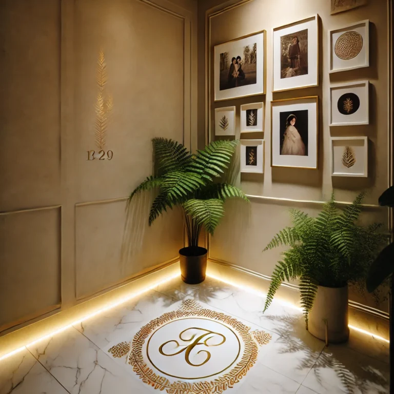 A cozy corner with a white marble floor featuring a custom gold monogram inlay, a small gallery wall of family photos, and a potted fern.