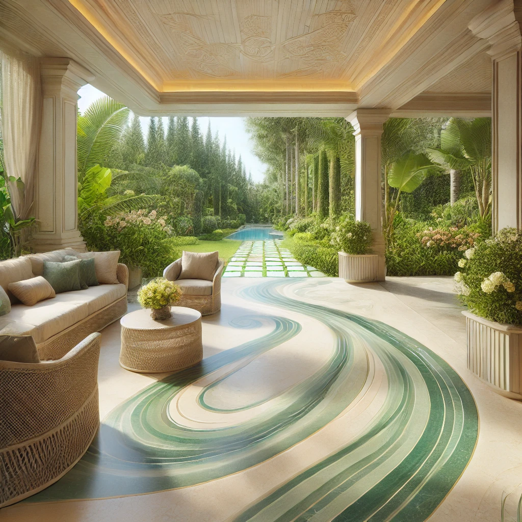 A spacious veranda with a beige marble floor featuring flowing green wave inlays. The area overlooks a lush garden filled with vibrant greenery.