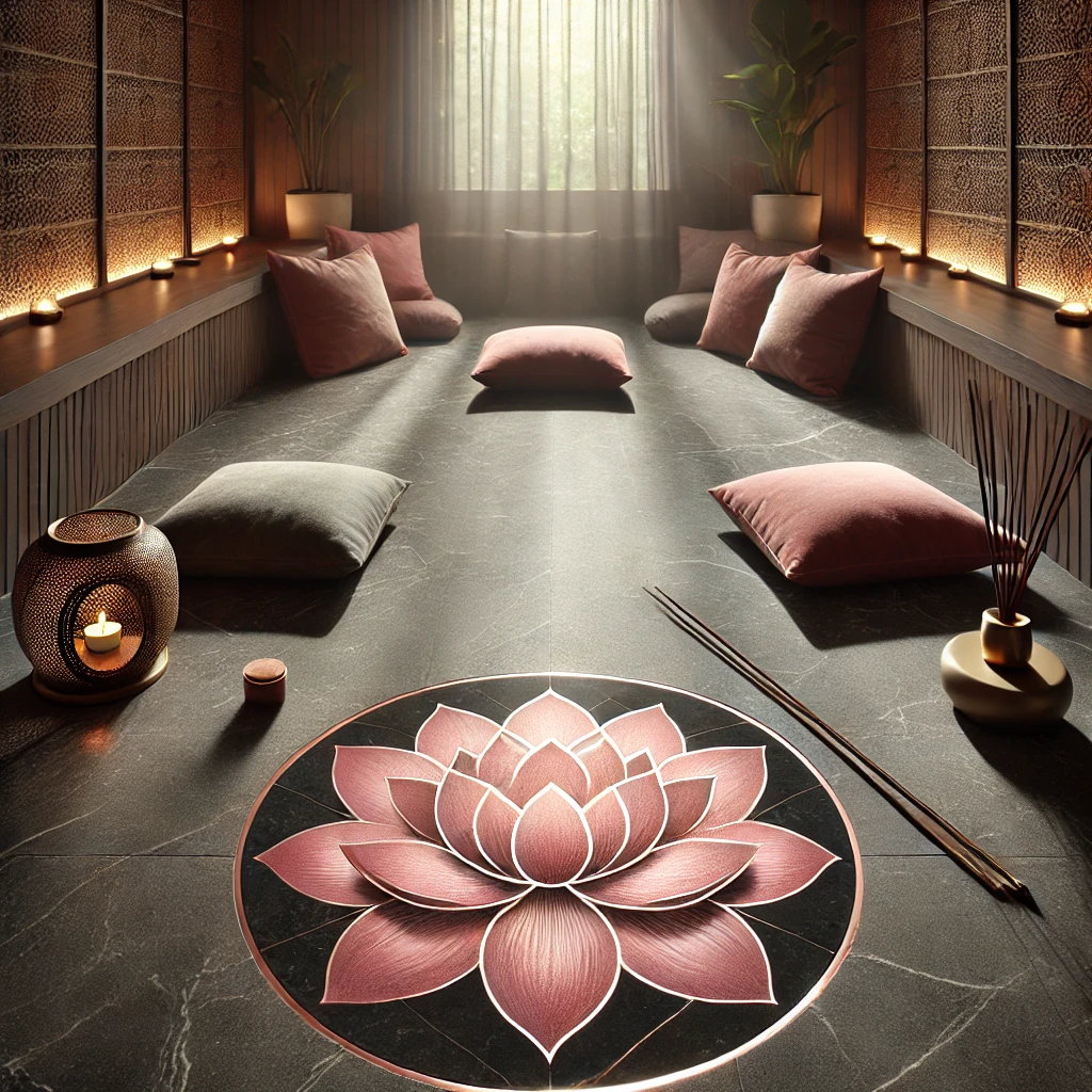 A tranquil meditation corner with a dark grey marble floor featuring a central pink lotus inlay that glows softly under natural sunlight.