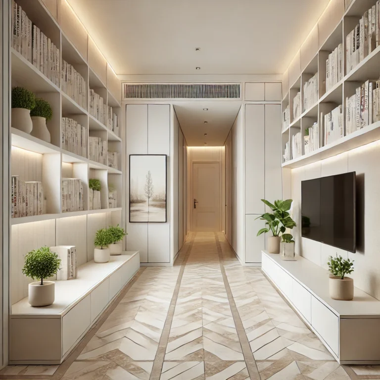 A narrow living room with white wall shelves holding books and small green plants, a slim TV unit, and a beige marble floor featuring subtle geometric pattern