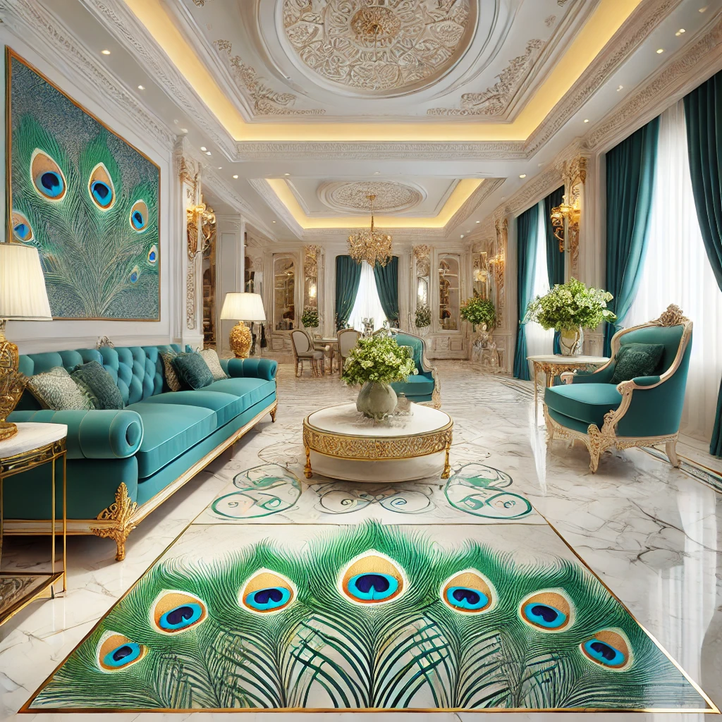 A vibrant drawing room with a white marble floor featuring peacock feather inlays in green and blue.