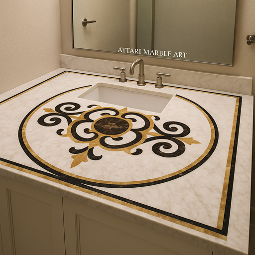 Attari Marble Art’s marble inlay countertop adds elegance to this luxury bathroom vanity, blending style and function