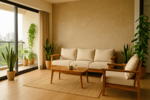 A serene living room in a modern Indian apartment featuring a polished beige marble accent wall , surrounded by snake plants and pothos, with floor-to-ceiling windows, minimalist wooden furniture, a jute rug, and a backdrop of the Bengaluru cityscape.