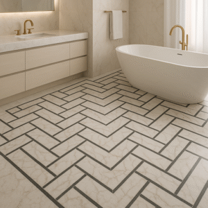 Attari Marble Art’s geometric marble inlay floor transforms this luxury bathroom into a timeless masterpiece.