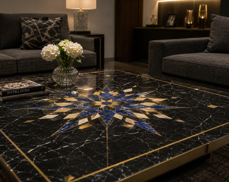 A striking black marble coffee table featuring intricate geometric Pietra Dura inlay in shades of gold and blue, acting as a statement piece in a sophisticated living room.