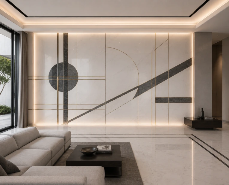 Luxury interior feature wall made of neutral marble panels with contemporary minimalist inlay and integrated LED lighting.