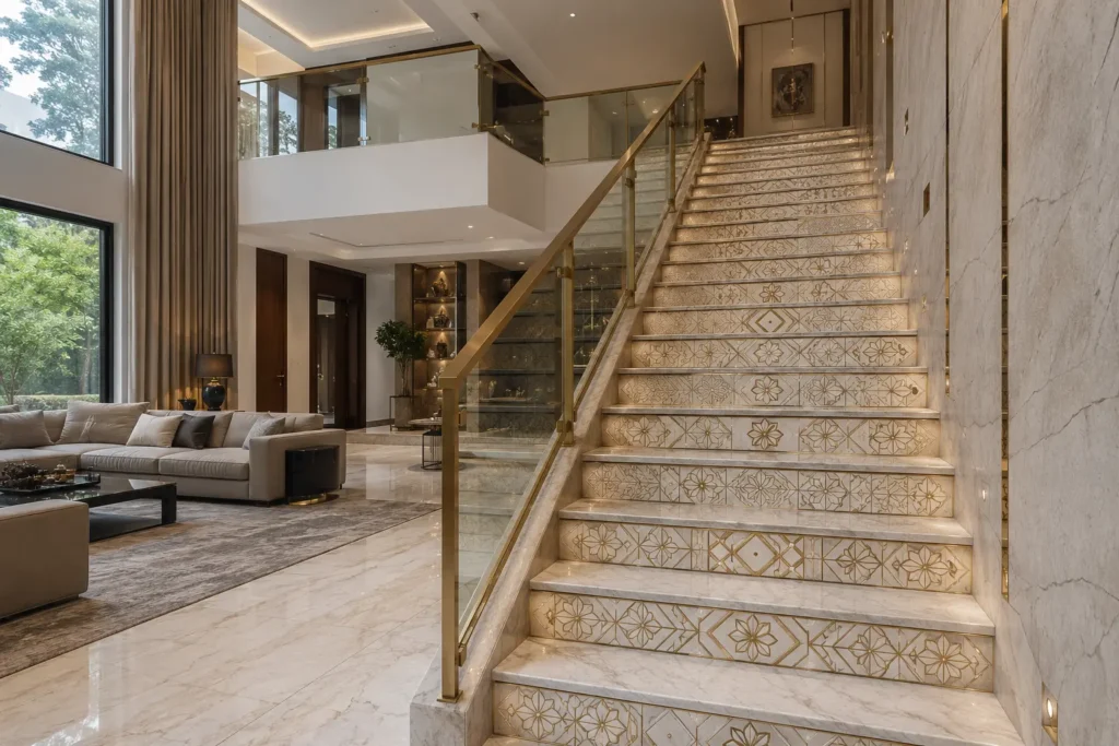 Photorealistic luxury Indian duplex interior featuring a grand contemporary staircase with natural marble treads, custom geometric and floral marble inlay risers with fine brass detailing, glass-and-brass railing, double-height ceiling, and refined neutral-toned living room furniture.