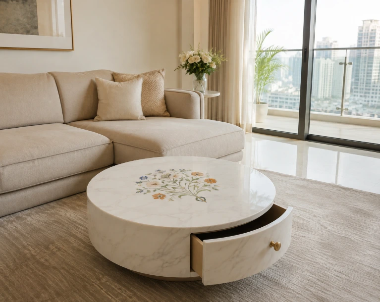 A round white marble coffee table with a central floral inlay, sitting on a drum-shaped base in a bright, modern living room.